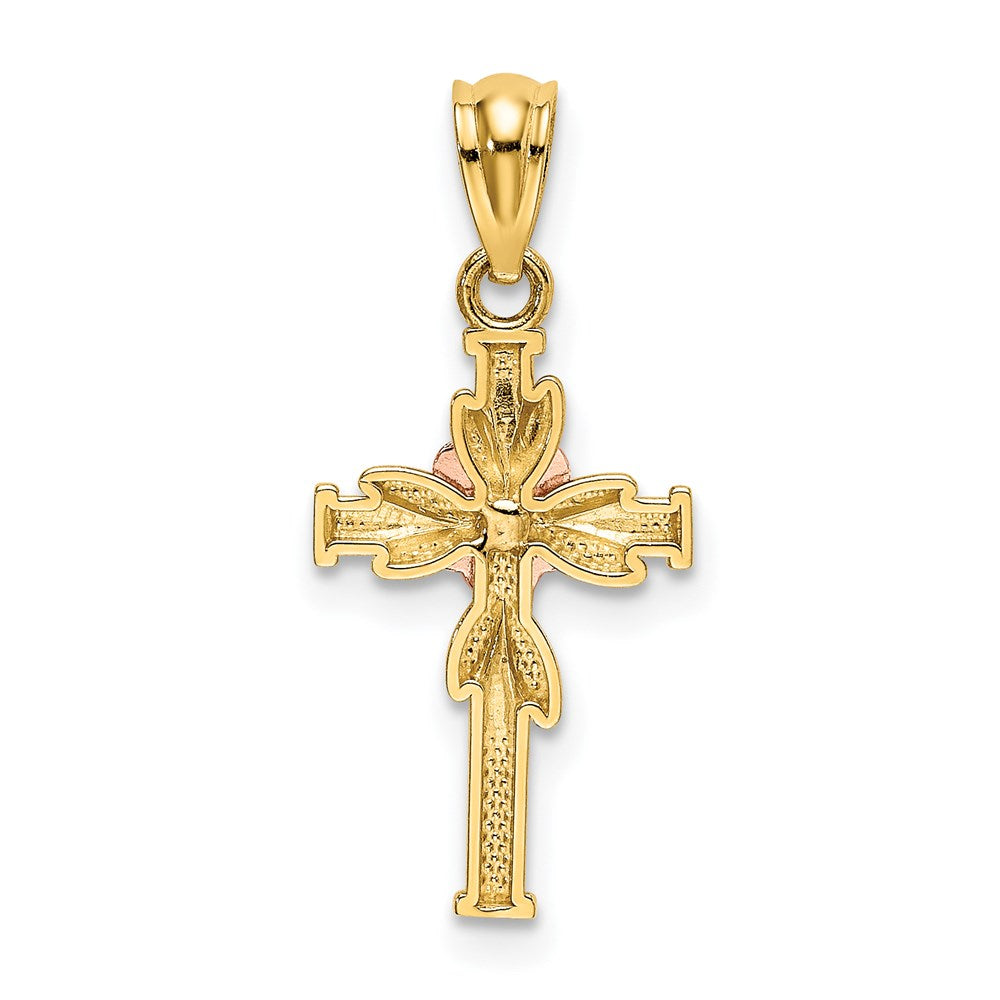 14K Two-tone Polished D/C Cross w/Flower Pendant - Product Photo