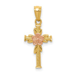 14K Two-tone Polished D/C Cross w/Flower Pendant - Product Photo