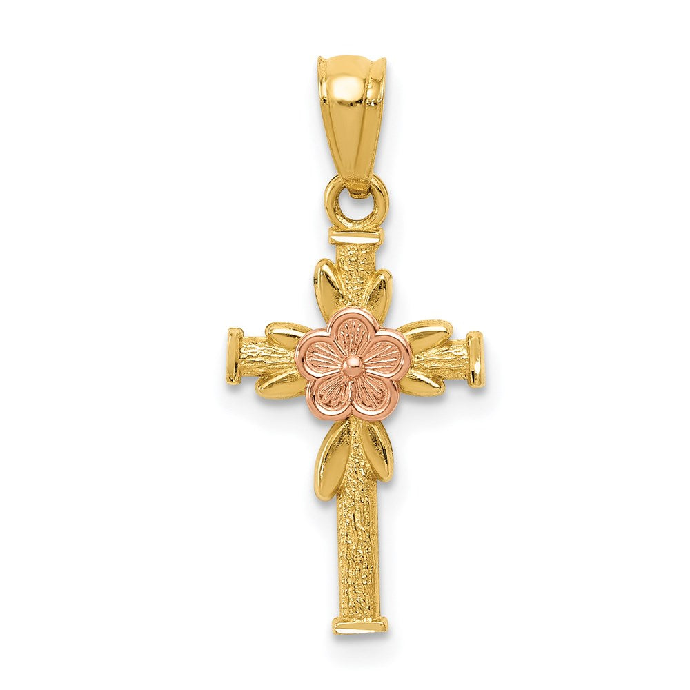 14K Two-tone Polished D/C Cross w/Flower Pendant - Product Photo