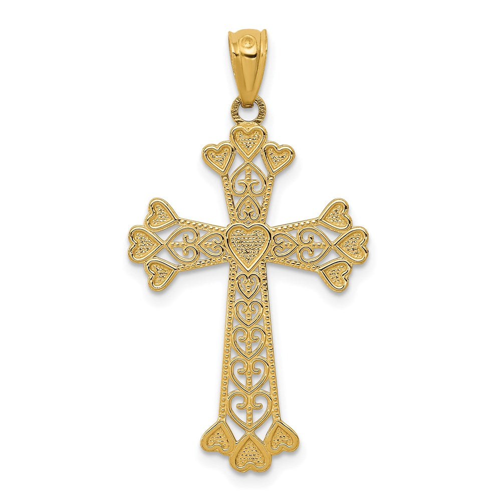 14K Yellow Gold Diamond-cut Polished Filigree Hearts Cross Pendant - Product Photo