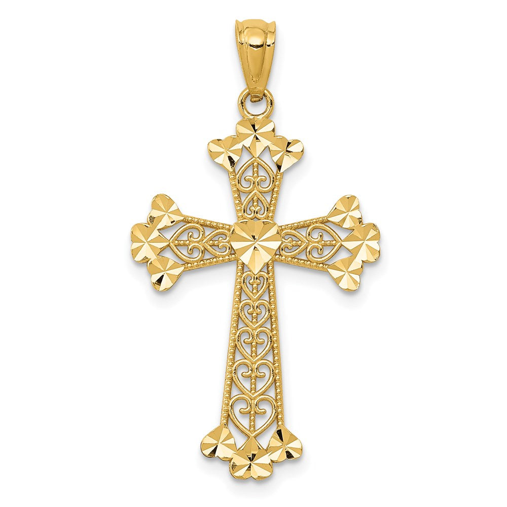 14K Yellow Gold Diamond-cut Polished Filigree Hearts Cross Pendant - Product Photo