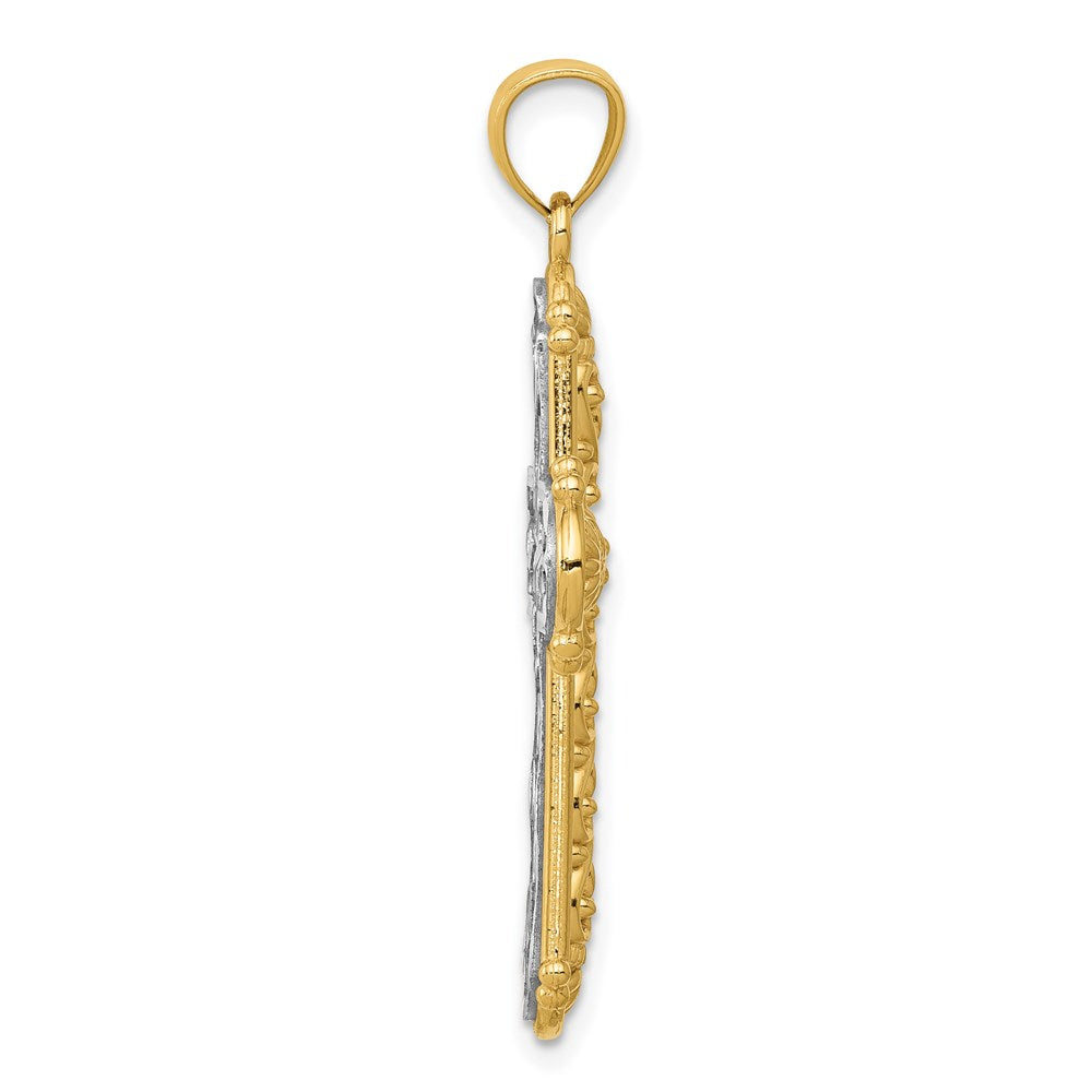14K Yellow & Rhodium with Rhodium Reversible Diamond-cut Filigree Cross Pendant - Product Photo