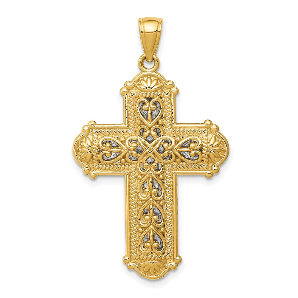 14K Yellow & Rhodium with Rhodium Reversible Diamond-cut Filigree Cross Pendant - Product Photo