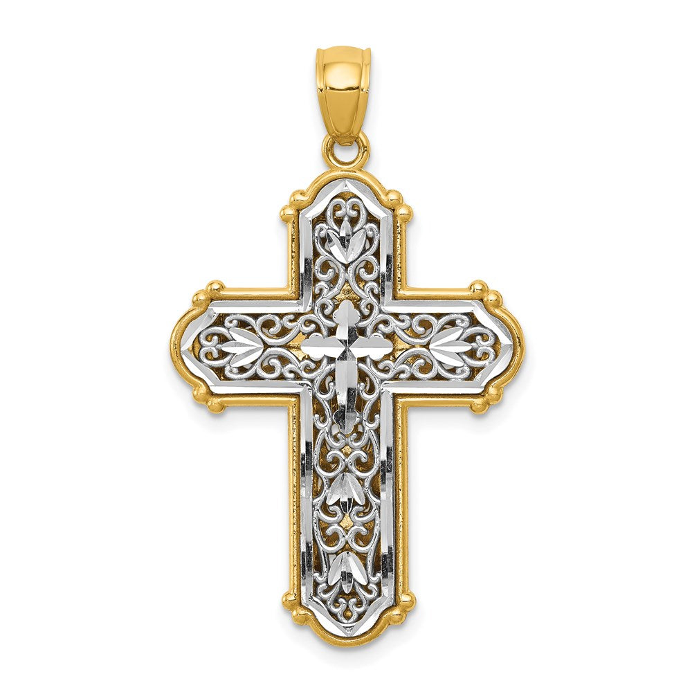 14K Yellow & Rhodium with Rhodium Reversible Diamond-cut Filigree Cross Pendant - Product Photo
