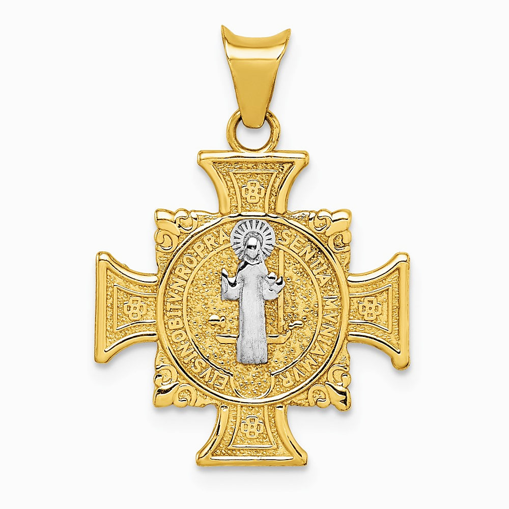 14K Yellow & Rhodium with Rhodium St. Benedict Semi-solid Pendant - Product Photo