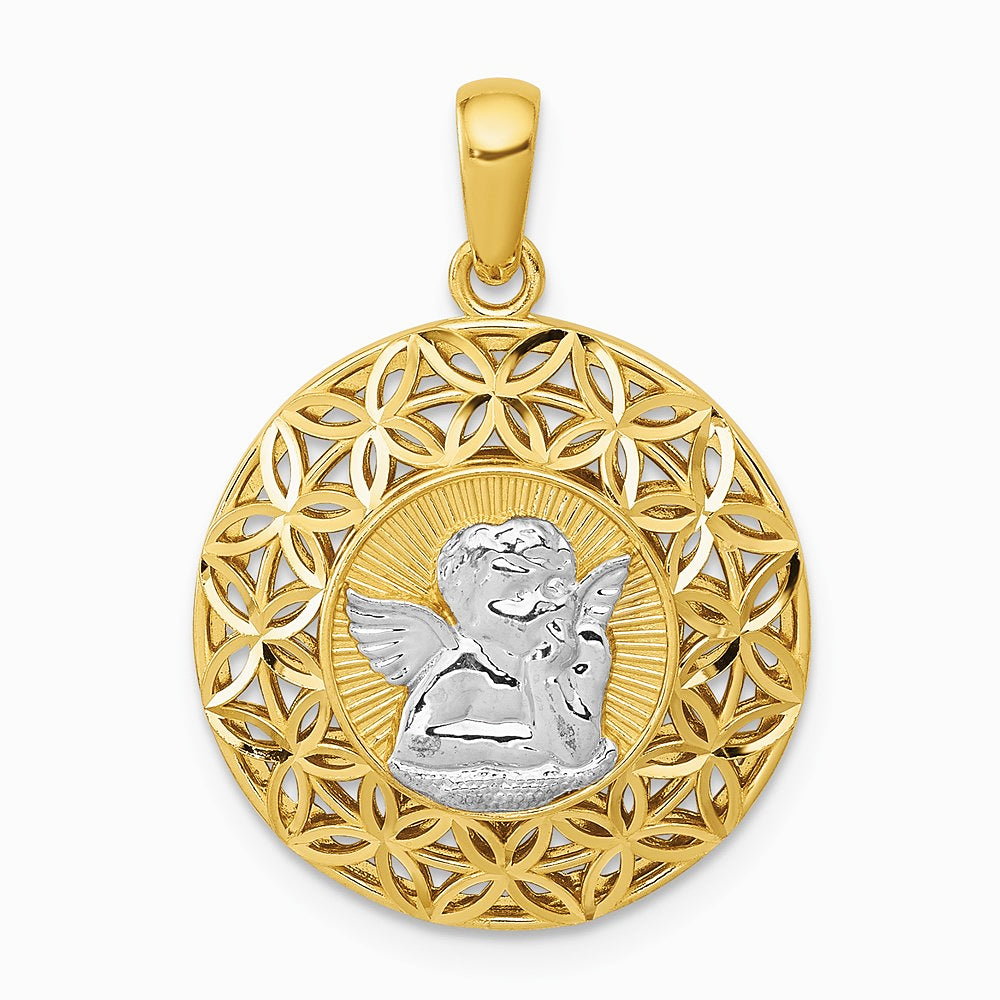 14K Yellow & Rhodium with Rhodium Polished Filigree Guardian Angel Pendant - Product Photo
