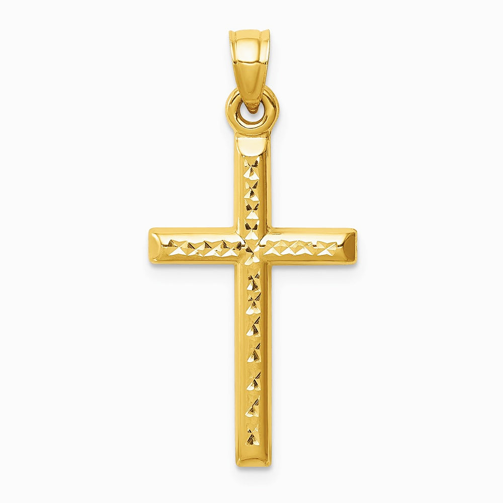 14K Yellow Gold Hollow Diamond-cut Cross Pendant - Product Photo