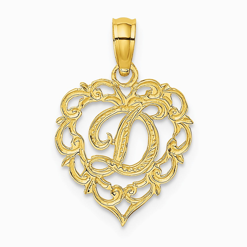 14K Yellow Gold 14KY Heart Script Letter D Initial Charm