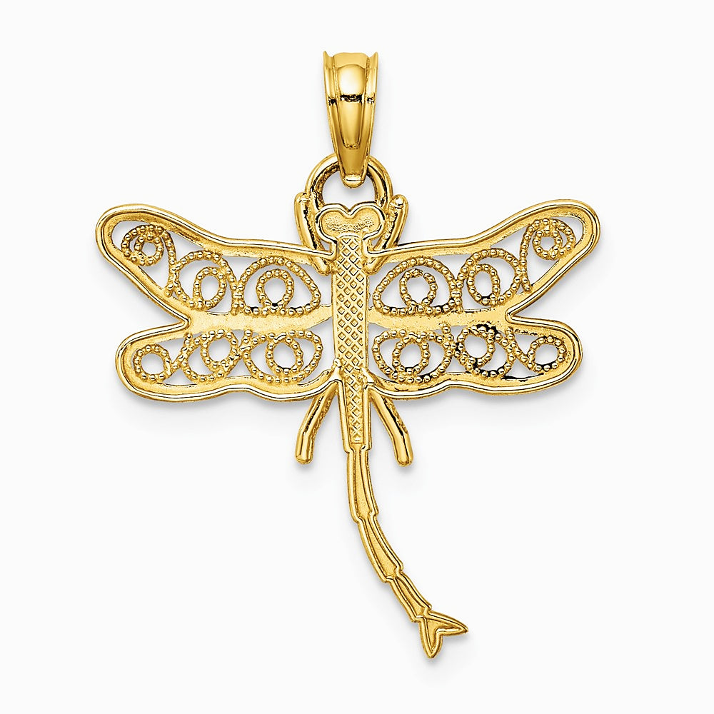 14K Yellow Gold Dragonfly with Beaded Filigree Wings Charm - Product Photo