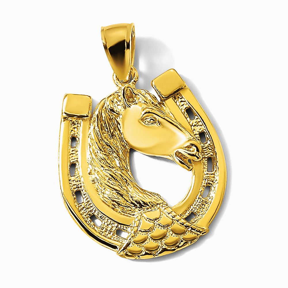 10K / 14K Yellow Gold Polished and Engraved Horse Head In Shoe Charm - Product Photo