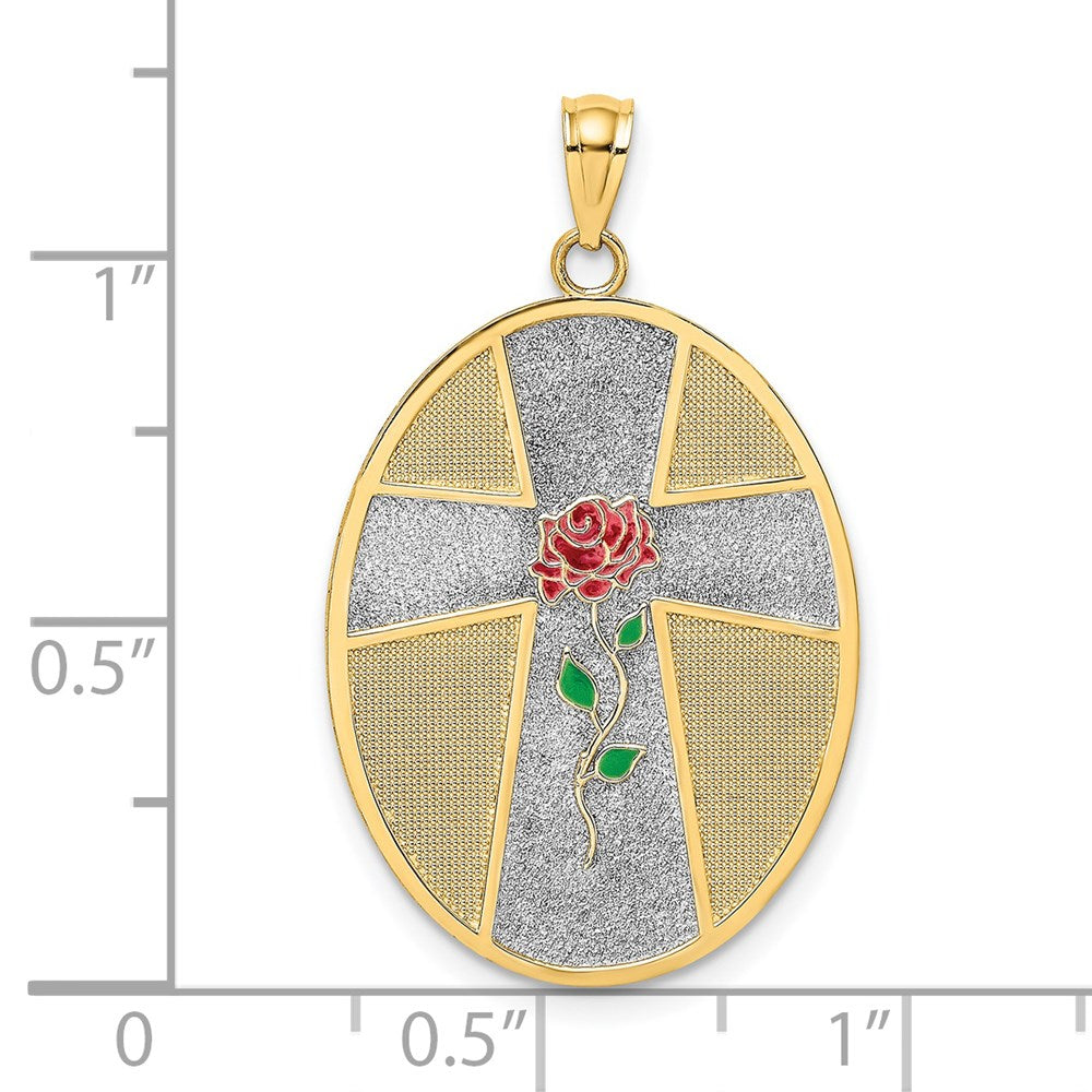 14K Yellow & Rhodium w/ Rhodium Enamel Rose Serenity Prayer Oval Disc Charm - Product Photo