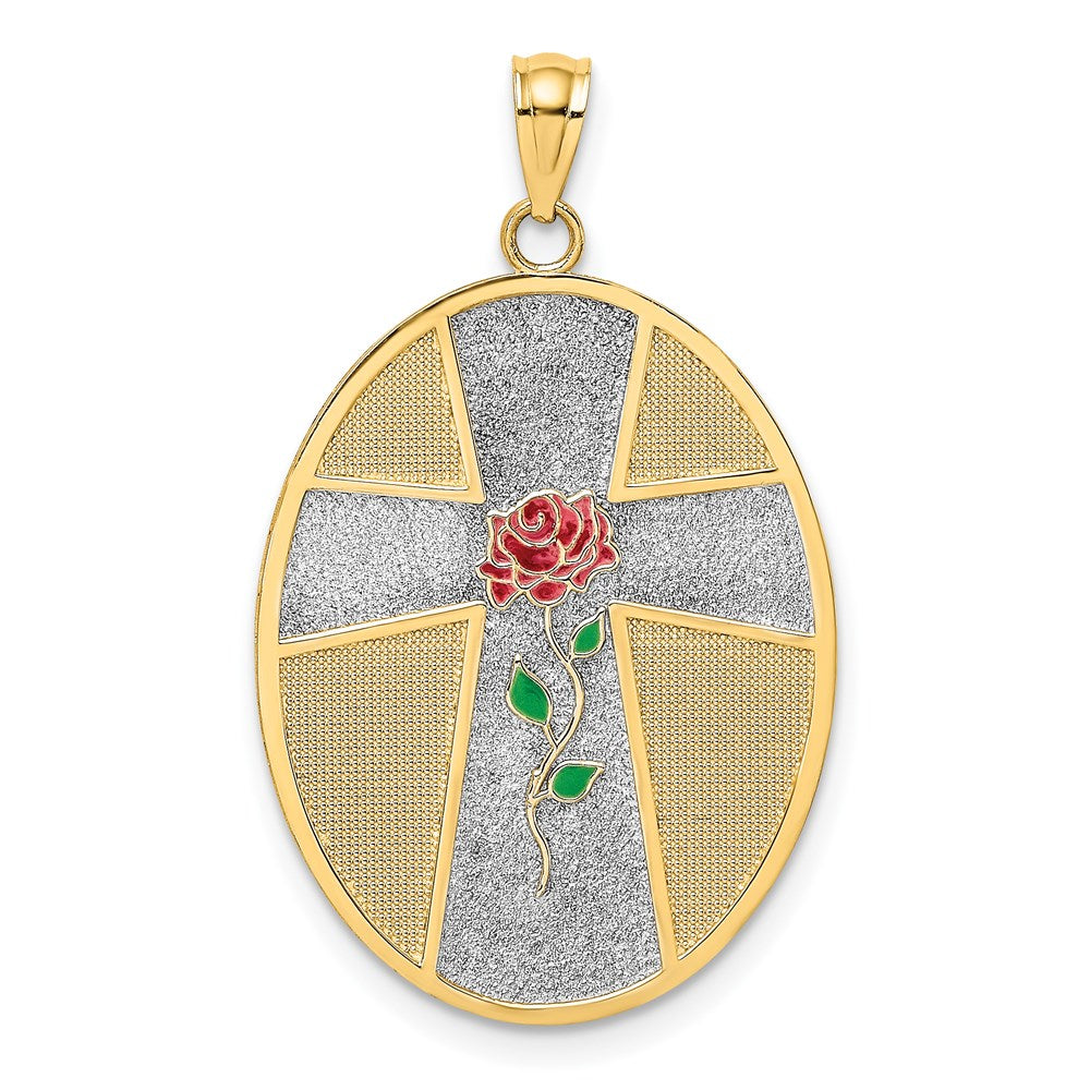 14K Yellow & Rhodium w/ Rhodium Enamel Rose Serenity Prayer Oval Disc Charm - Product Photo