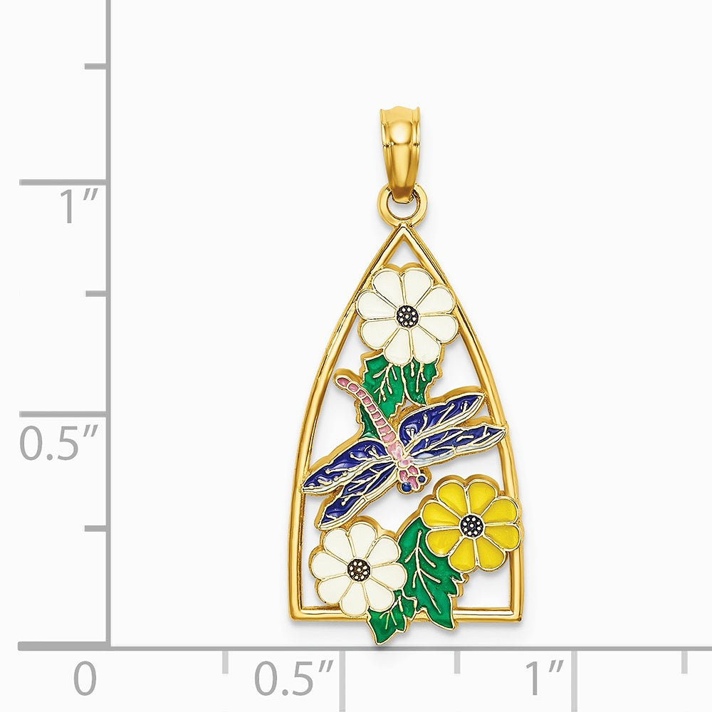 14K Yellow Gold Enamel Dragonfly and Flowers Triangle Charm - Product Photo