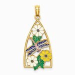 14K Yellow Gold Enamel Dragonfly and Flowers Triangle Charm - Product Photo