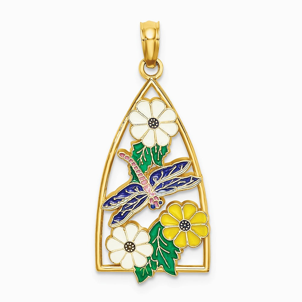 14K Yellow Gold Enamel Dragonfly and Flowers Triangle Charm