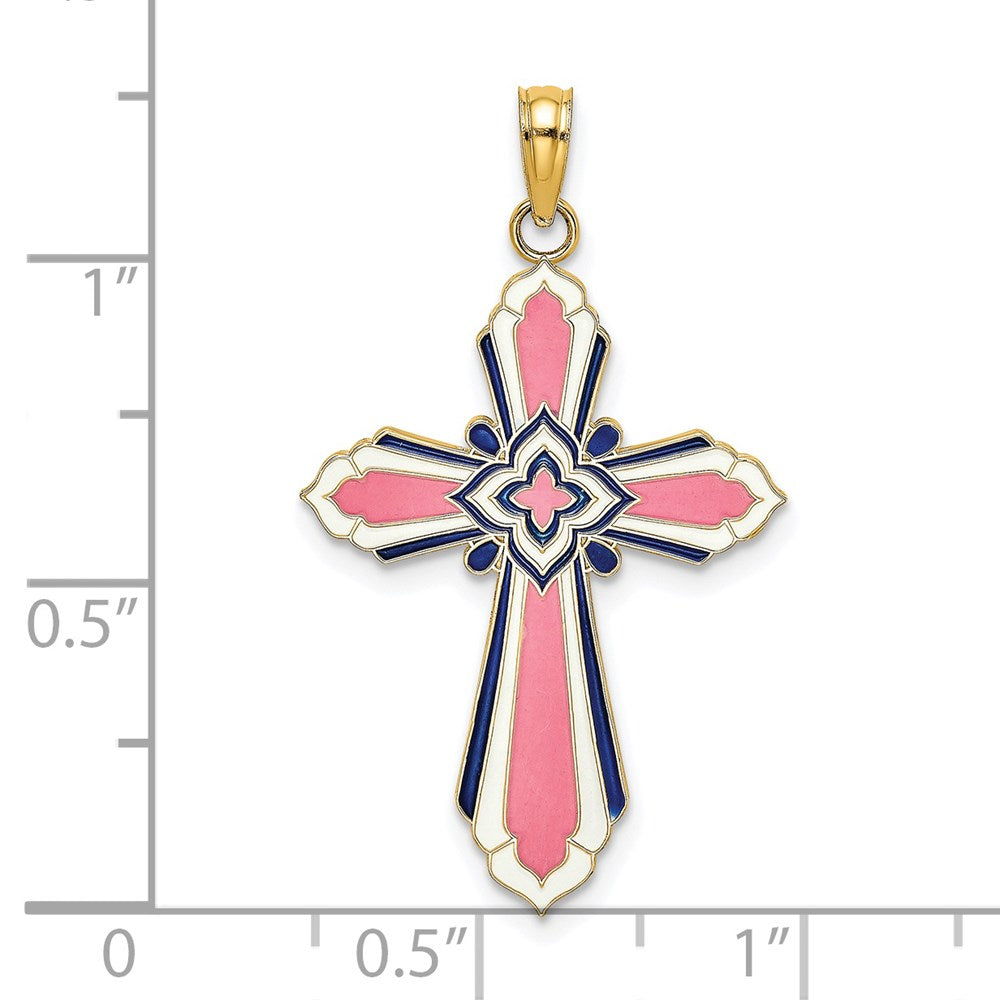 14K Yellow Gold 3-D W/ Pink and White Enamel Cross Charm - Product Photo