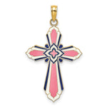 14K Yellow Gold 3-D W/ Pink and White Enamel Cross Charm - Product Photo