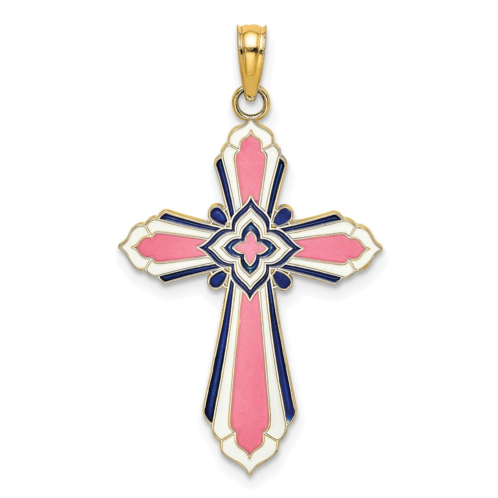 14K Yellow Gold 3-D w/Pink & White Enamel Cross Charm