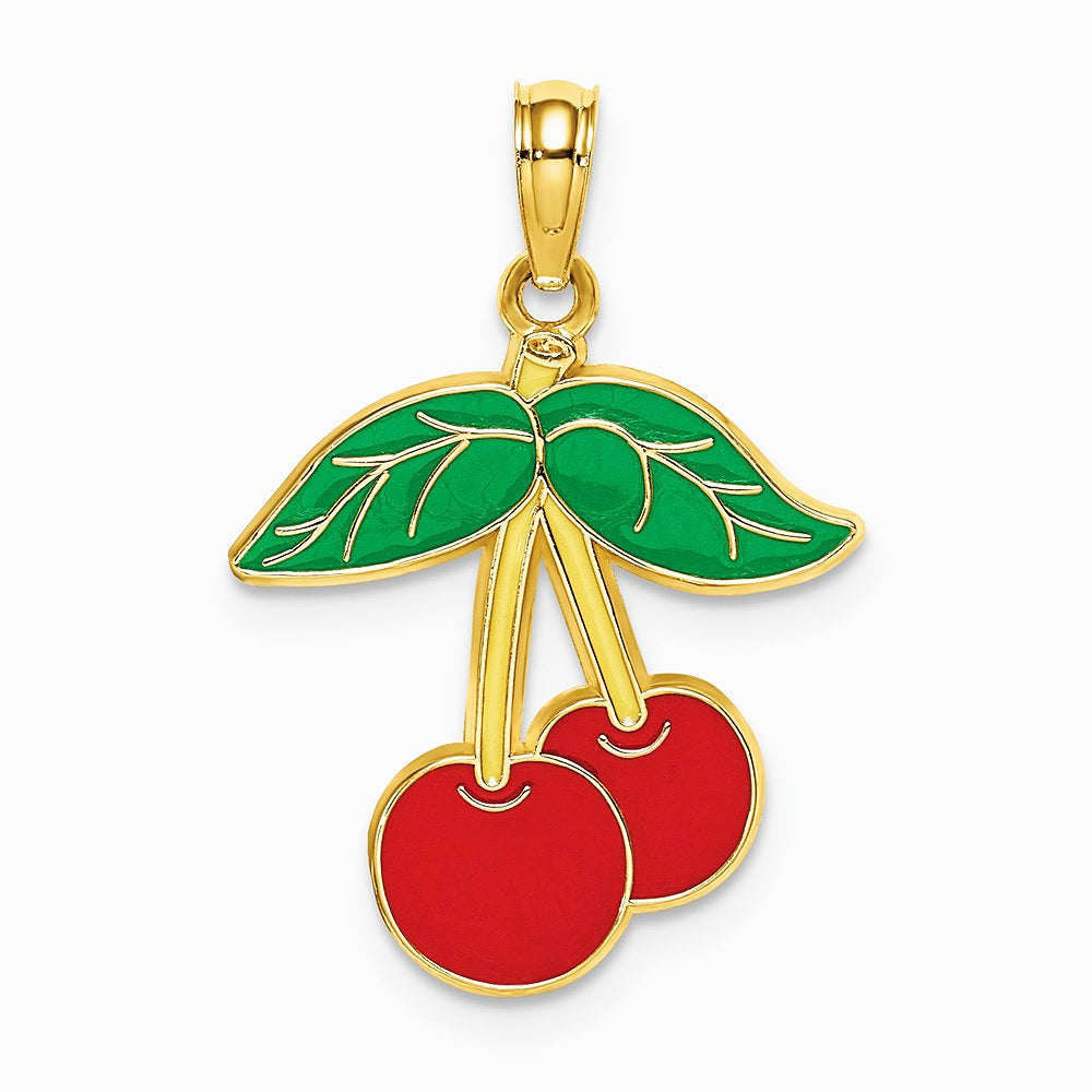 14K Yellow Gold Cherries With Enamel Leaf Charm