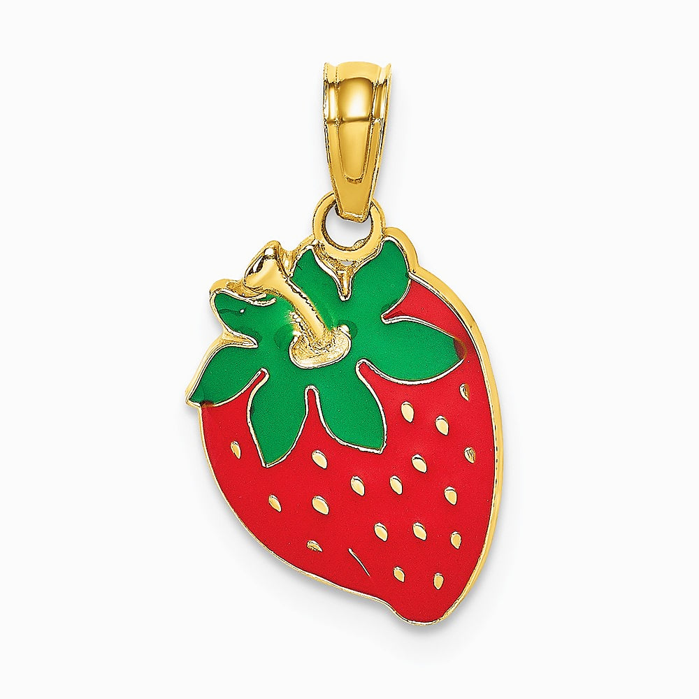 14K Yellow Gold W/ Enamel Strawberry With Leaf Charm - Product Photo