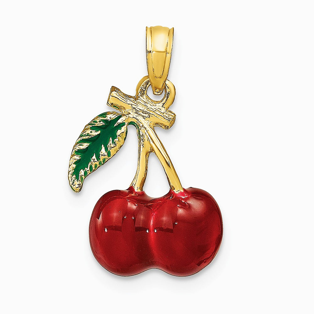 14K Yellow Gold 3-D Enamel Cherries W/ Leaf Charm