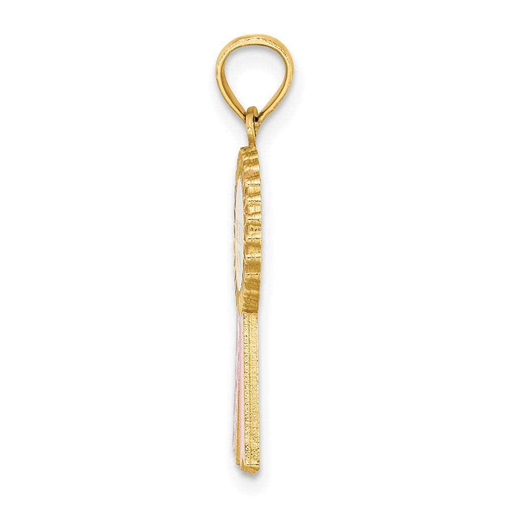 14K Yellow Gold Enamel GREATEST MOM Pink RIBBON Charm - Product Photo