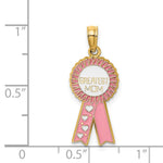 14K Yellow Gold Enamel GREATEST MOM Pink RIBBON Charm - Product Photo