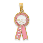 14K Yellow Gold Enamel GREATEST MOM Pink RIBBON Charm - Product Photo