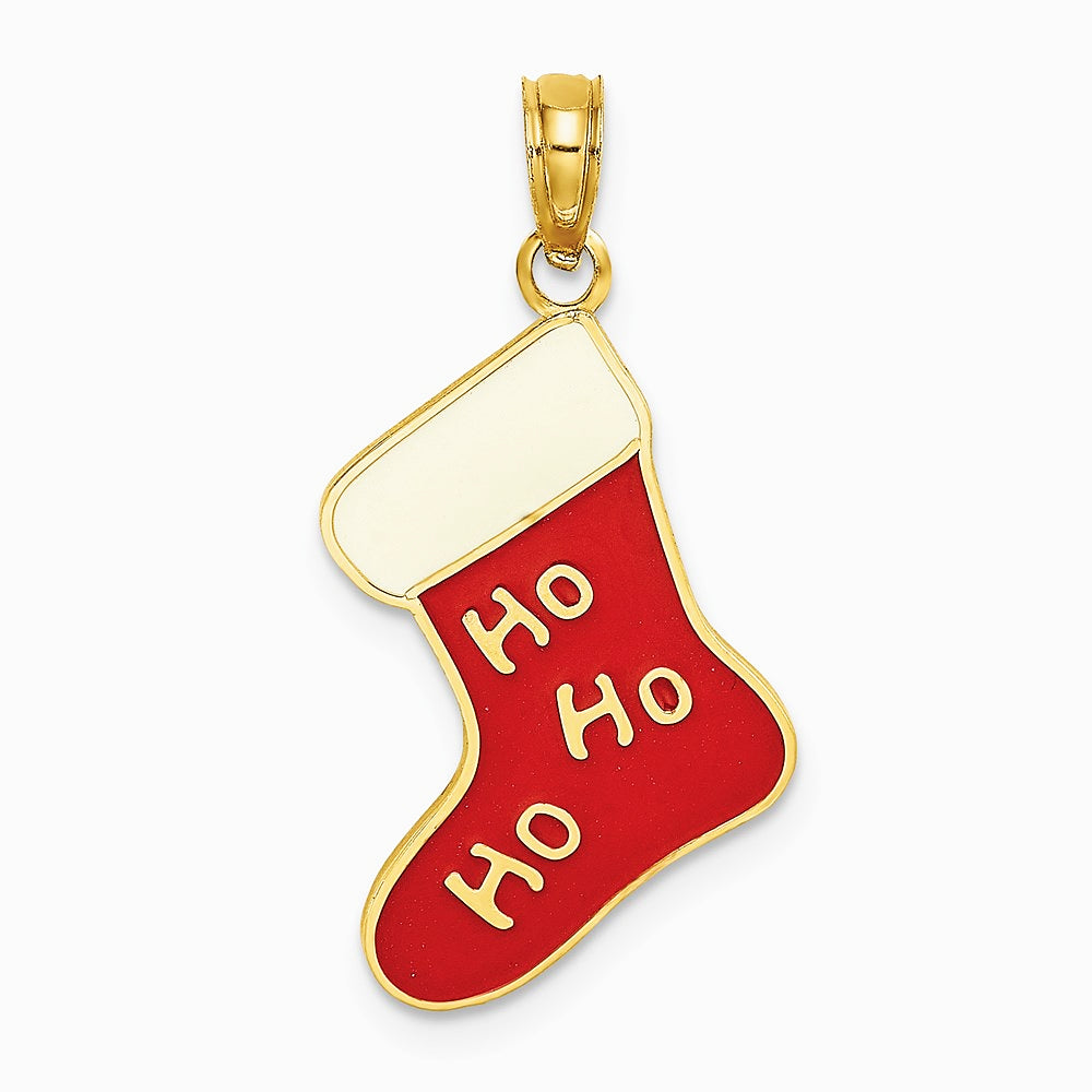 10K / 14K Yellow Gold Enamel HO HO HO Christmas Stocking Charm - Product Photo
