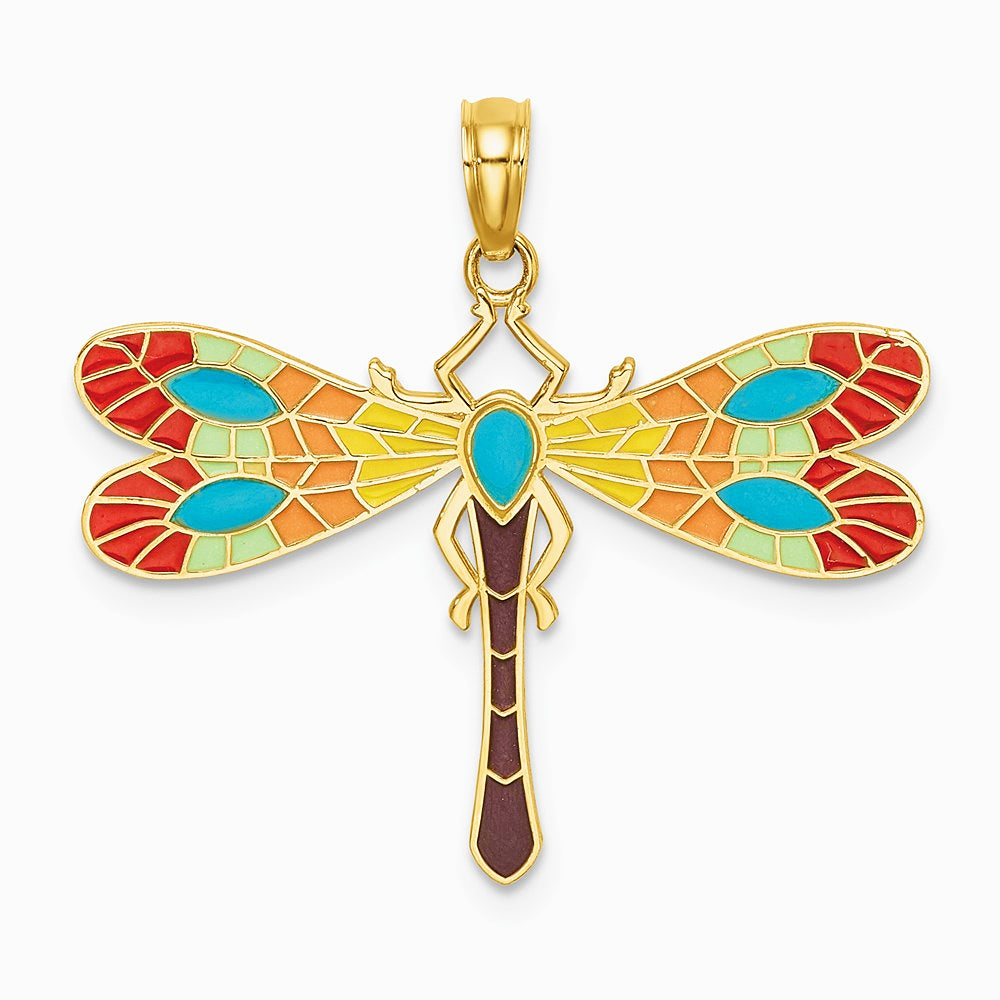 14K Yellow Gold Multi Color Enamel Dragonfly Charm