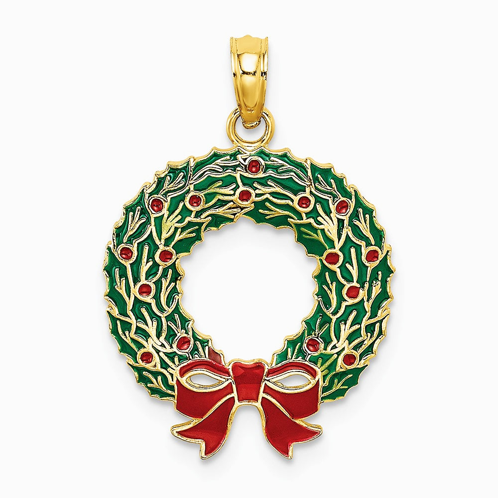 10K / 14K Yellow Gold Enamel Christmas Wreath Charm - Product Photo