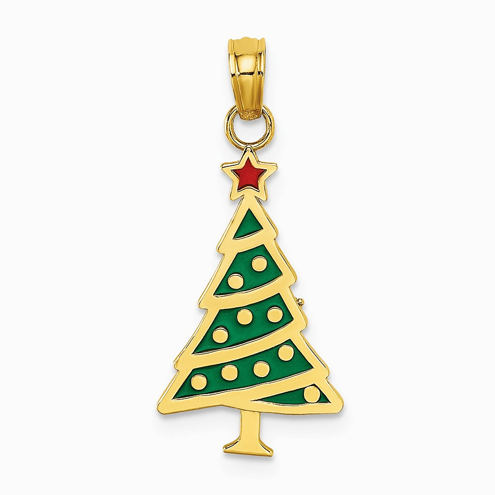 10K / 14K Yellow Gold Enamel Green Christmas Tree W/ Red Star Charm - Product Photo