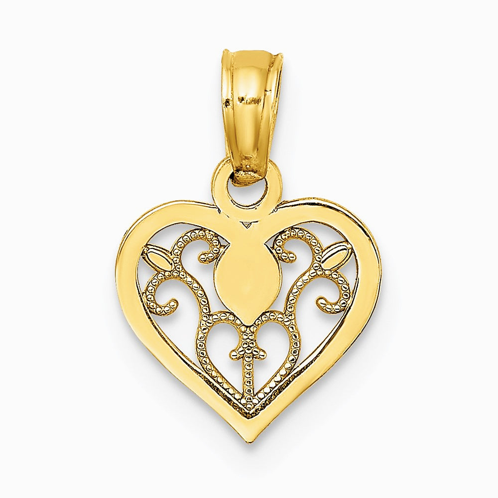 14K Yellow Gold Polished Filigree Heart Pendant - Product Photo