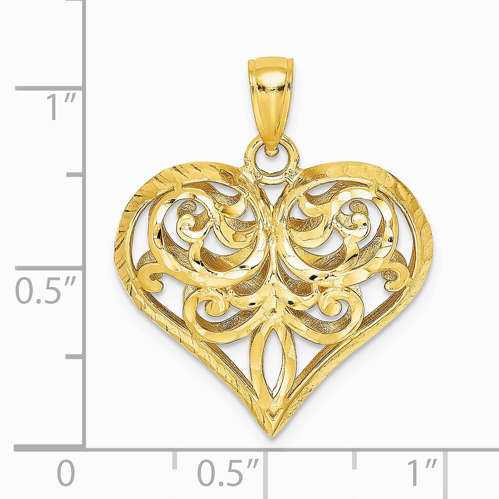 14K Yellow Gold 3-D Diamond-cut Filigree Puffed Heart Charm - Product Photo