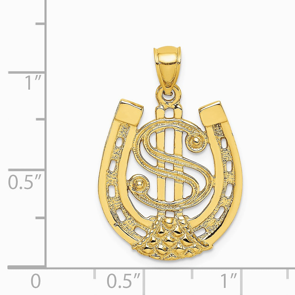 14K Yellow Gold Dollar Sign In Horseshoe Charm - Product Photo