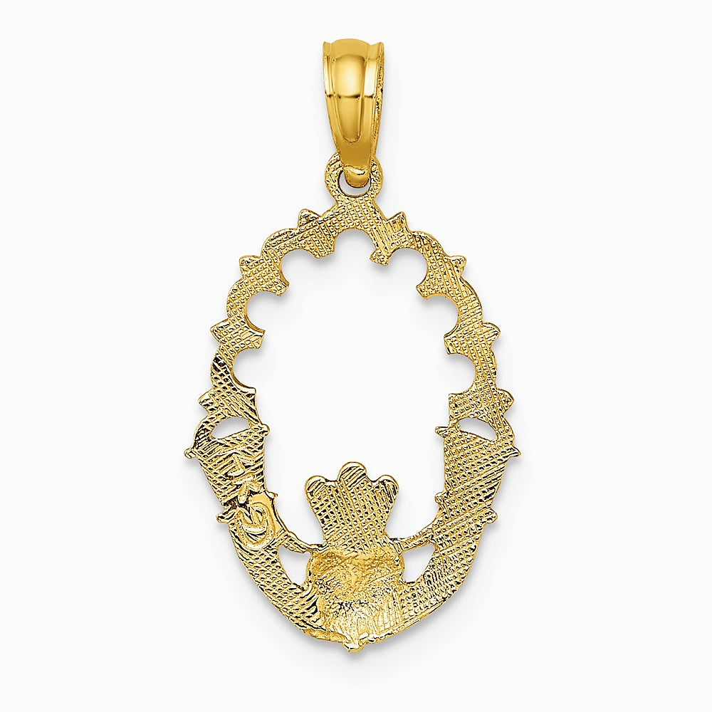 14K Yellow Gold Engraved Claddagh In Oval w/ Lace Trim Charm - Product Photo