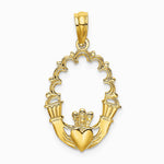 14K Yellow Gold Engraved Claddagh In Oval w/ Lace Trim Charm - Product Photo