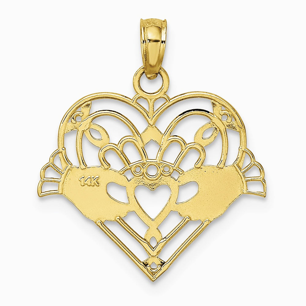 10K / 14K Yellow Gold Polished and Beaded Claddagh In Heart Charm - Product Photo