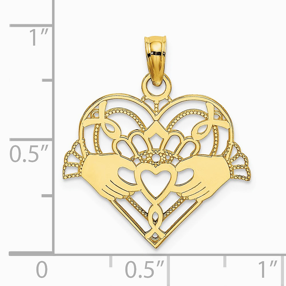 10K / 14K Yellow Gold Polished and Beaded Claddagh In Heart Charm - Product Photo