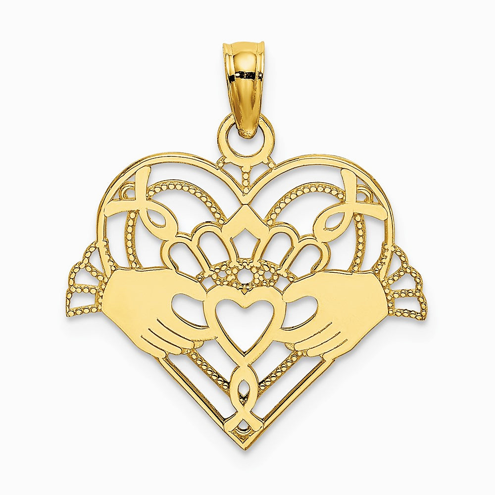 10K / 14K Yellow Gold Polished and Beaded Claddagh In Heart Charm - Product Photo