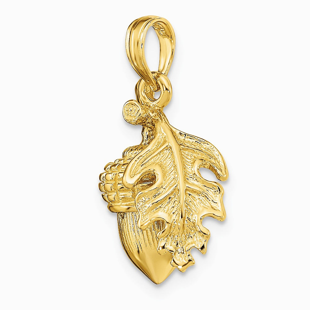14K Yellow Gold 3-D Acorn with Leaf Pendant - Product Photo