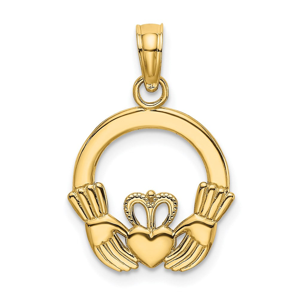 10K / 14K Yellow Gold Polished Textured Round Claddagh Charm - Product Photo
