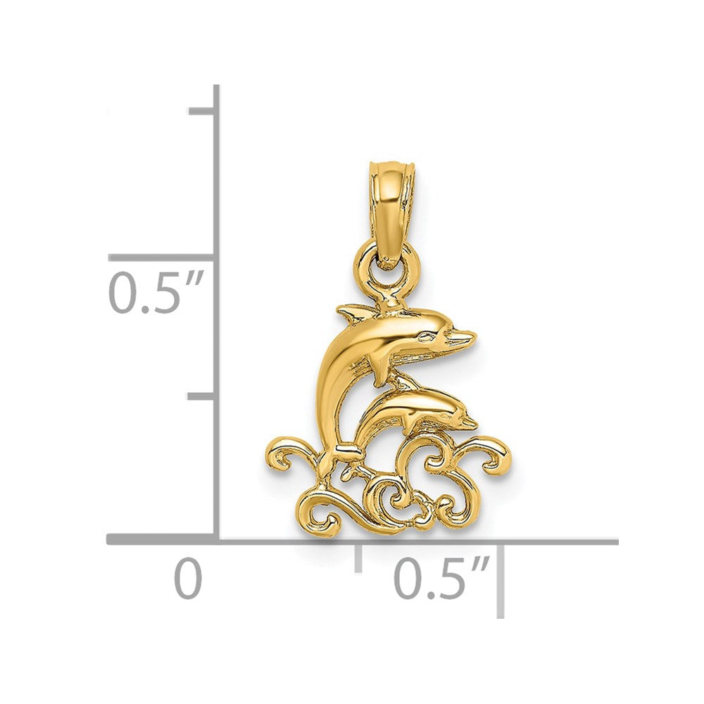 10K / 14K Yellow Gold Textured Mini Double Dolphins and Waves Charm - Product Photo