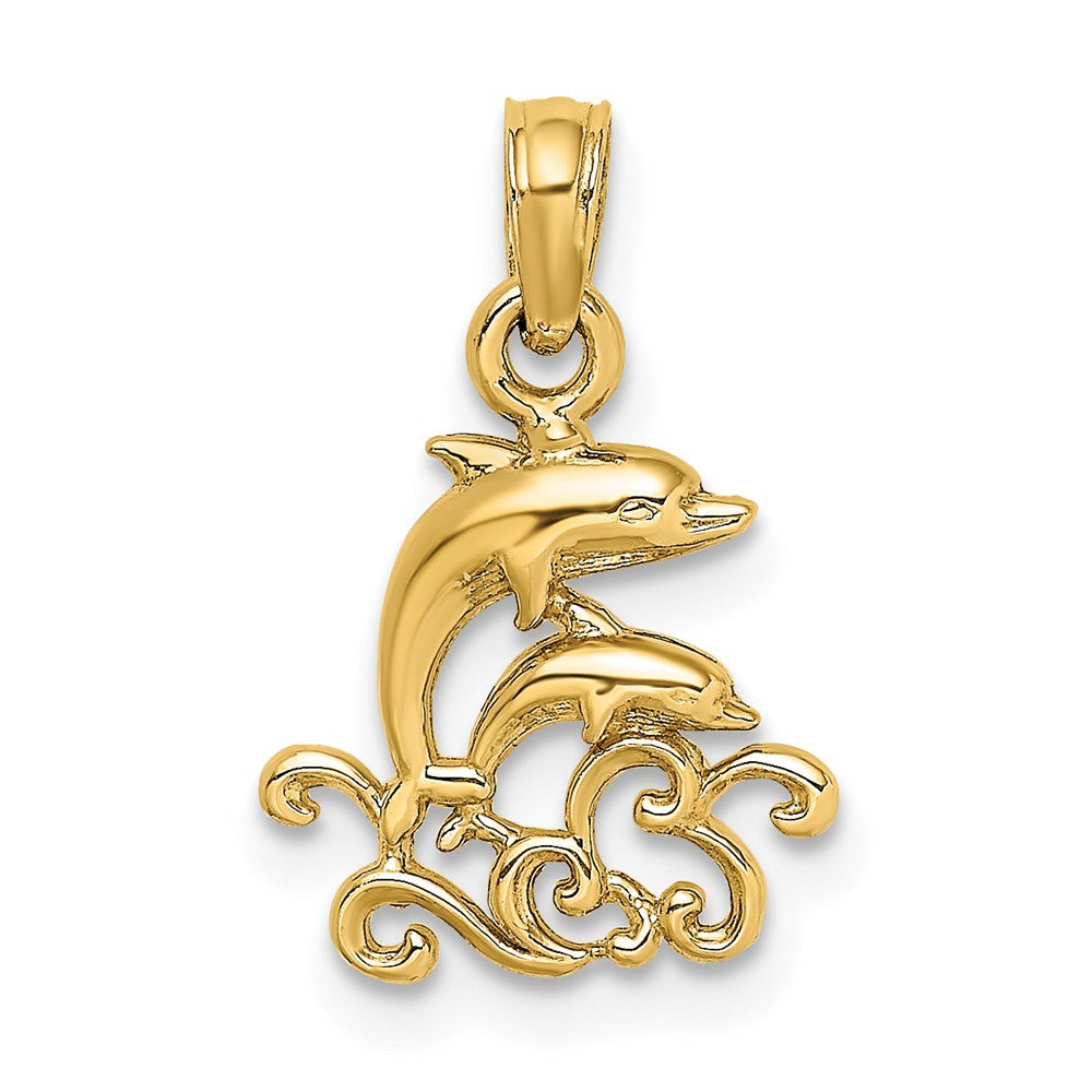10K / 14K Yellow Gold Textured Mini Double Dolphins and Waves Charm - Product Photo