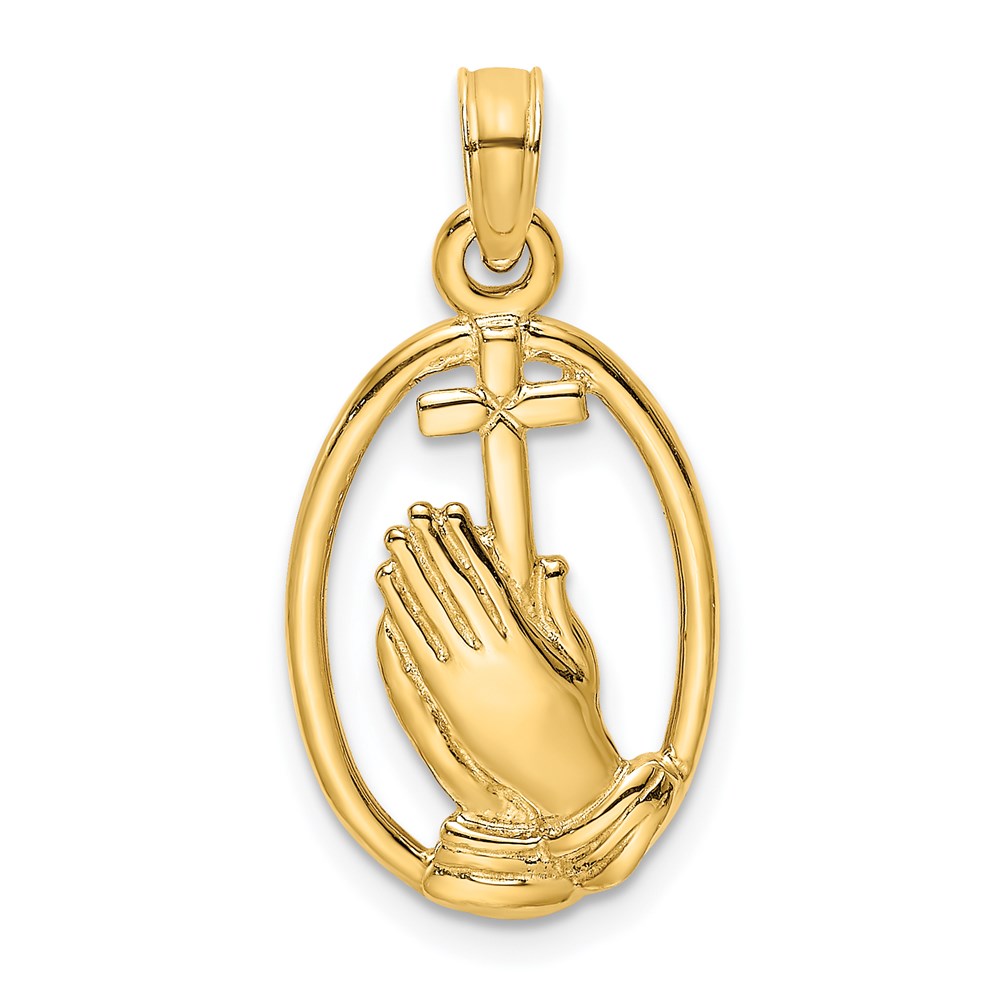 10K / 14K Yellow Gold Praying Hands and Cross In Oval Charm - Product Photo
