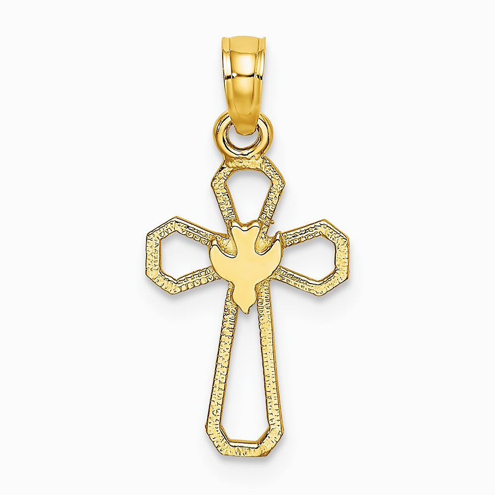 10K / 14K Yellow Gold Cut-Out Cross w/ Dove Charm - Product Photo