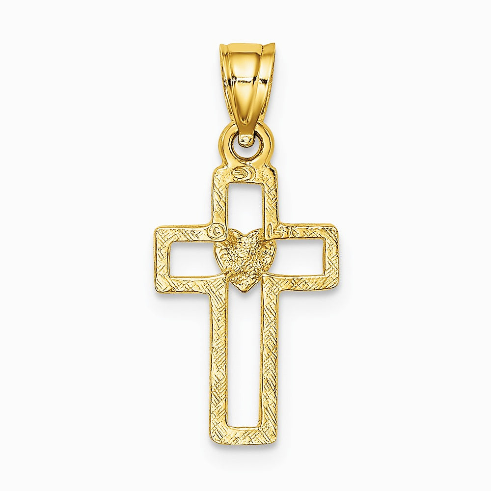 10K / 14K Yellow Gold Cut-Out Cross w/ Heart Charm - Product Photo