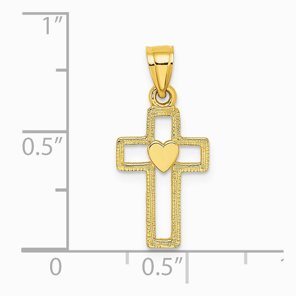 10K / 14K Yellow Gold Cut-Out Cross w/ Heart Charm - Product Photo
