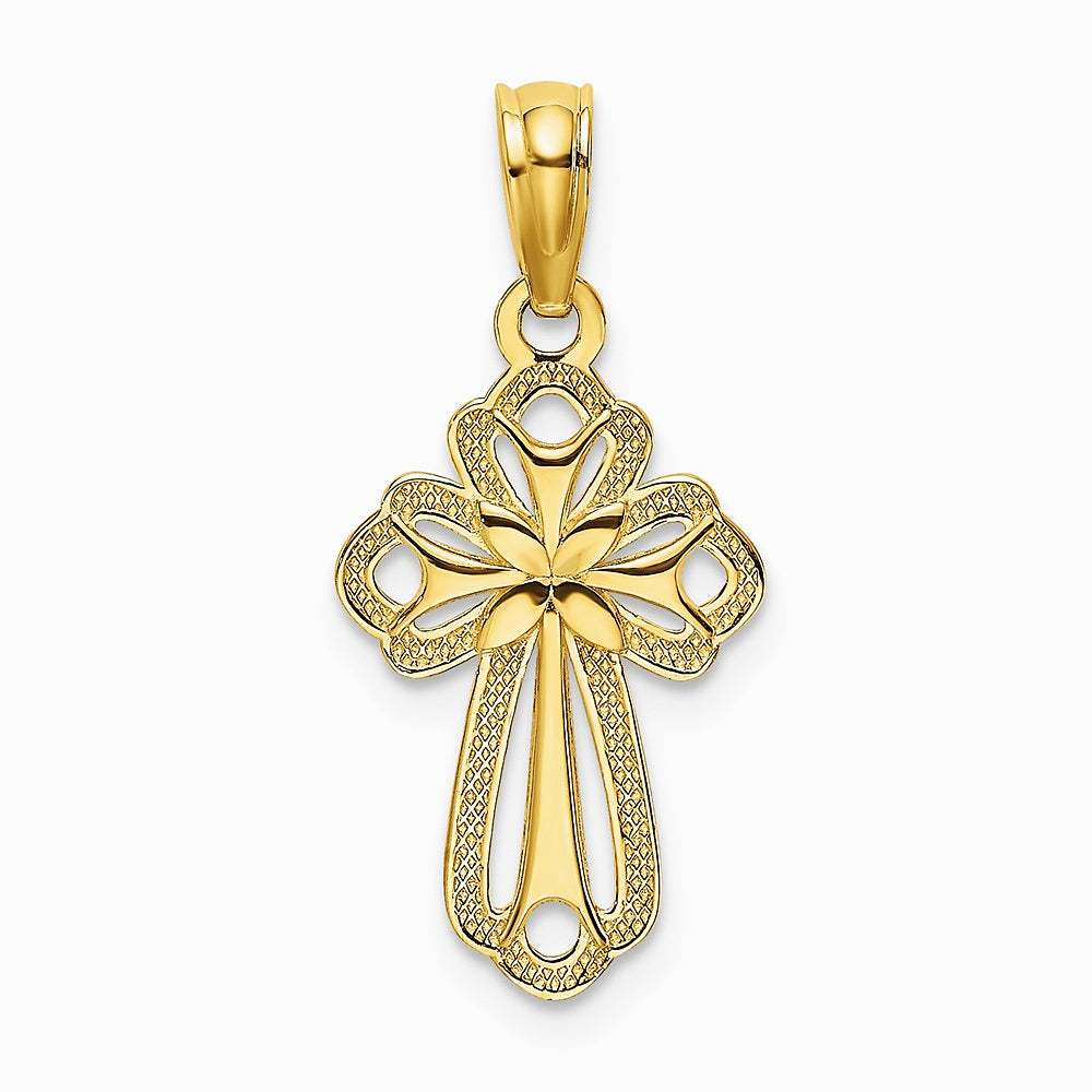 10K / 14K Yellow Gold Cut-Out Polished Textured Cross Charm - Product Photo