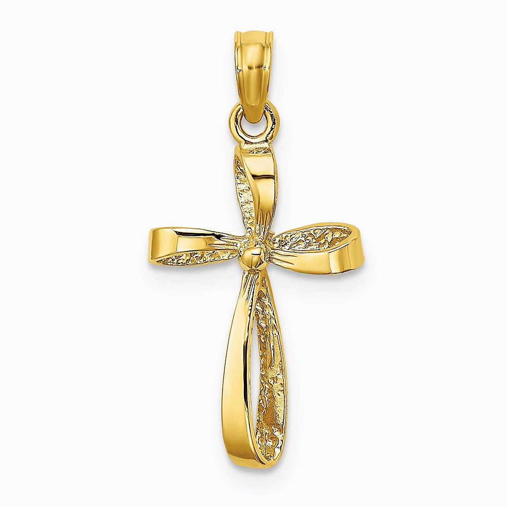 10K / 14K Yellow Gold 3-D Engraved Polished Twisted Cross Charm - Product Photo